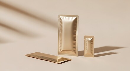 Three golden foil sachets, two standing upright and one lying flat, on a neutral background with soft shadows