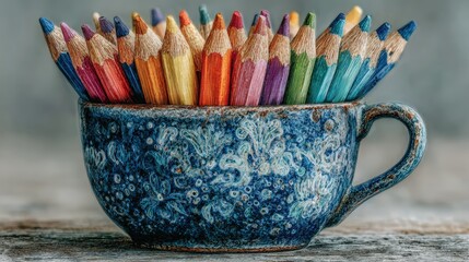 Colourful Pencils in a Blue Mug