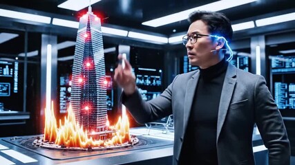 A man in a suit with glasses in a futuristic control room, looking intently. Sparks. Building