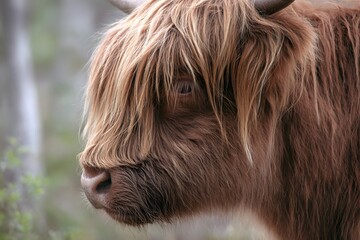 Highland cow stands in blurred natural background with shaggy brown fur.