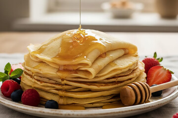 British Irish Pancakes with Honey and Berries | Classic Breakfast Tradition