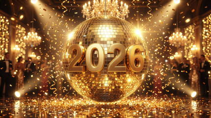 Golden 2026 New Year Celebration Disco Ball with Confetti