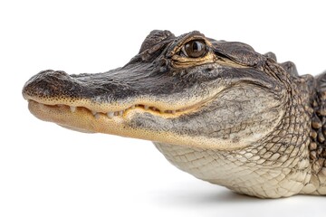 Obraz premium American alligator head looking left on white background showing teeth.