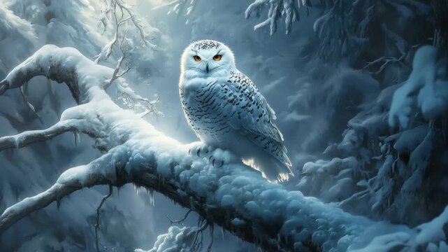 Winter Sentinel: An owl with striking yellow eyes perches gracefully on a snow-covered branch in a serene winter landscape. This image encapsulates the serene beauty of the season.