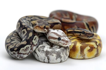 Fototapeta premium Ball pythons resting together on a white background