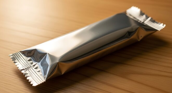 A silver foilwrapped energy bar or snack on a wooden table, showcasing its packaging - Powered by Adobe