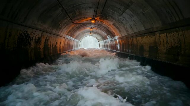 Underground concrete tunnel filled with fast flowing water illuminated by distant circular exit light