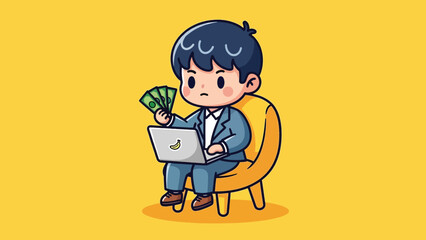 Cartoon Businessman Sitting with Laptop and Money.
