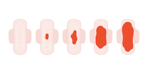 Illustrations of sanitary pads with varying levels of red liquid, indicating different menstrual flow amounts or absorbency, with additional red drops.
