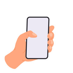 Hand holding a telephone. Empty screen, mobile app, phone mockup, application on touch screen device. Vector illustration isolated on white background.