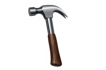 Claw hammer featuring a metallic silver head and a brown wooden handle, isolated on a transparent background for various projects