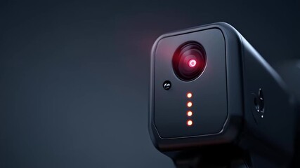 Close-up of a sleek, modern digital camera lens with a red glow, symbolizing advanced surveillance and action recording technology in a dark setting.