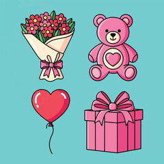 Cartoon Romantic Gift Set Flower Bouquet Pink Teddy Bear Heart Balloon and Gift Box.