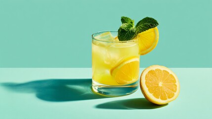 Fototapeta premium Minimalist citrus cider on pale mint background, simple garnish