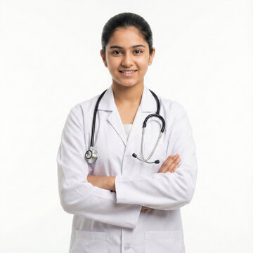 young indian teenage girl in doctor coat standing with crossed arms isolated on white for neet preparation medical entrance exam and future career ambition concept