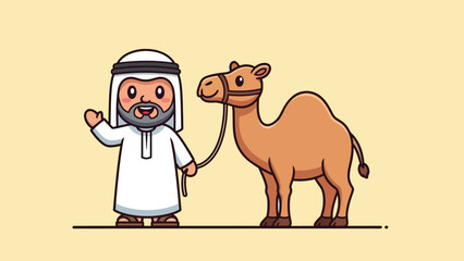 Cute cartoon Arab man in traditional thobe and ghutra waving beside a brown desert camel.