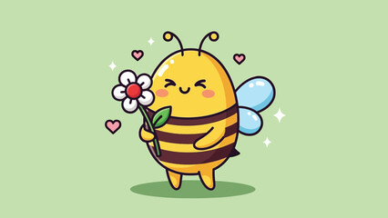 Cute cartoon bee character happily holding a flower with hearts.