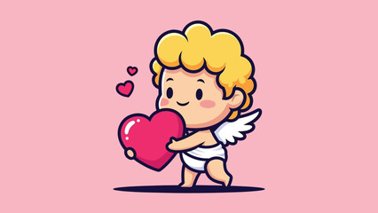 Cute Cartoon Cupid Character Holding Pink Heart with Wings.