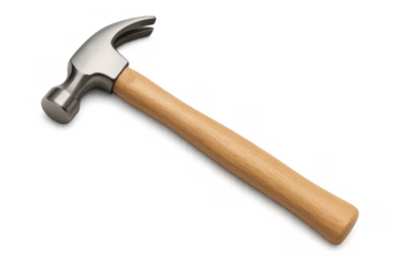 Claw hammer with wooden handle, common tool for carpentry, construction, and repair work, transparent background