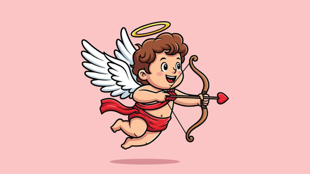 Cute cartoon Cupid angel with bow and heart arrow flying.