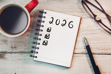 2026 text on notepad with coffee