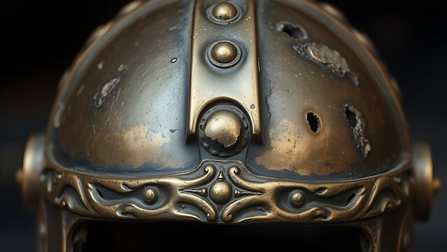 passphrase. Damaged Viking helmet with battle scars and dents, metallic texture. event programs, museum guides, designed for cultural heritage projects and event programs.