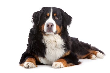 A Bernese Mountain Dog lies relaxed on a white background