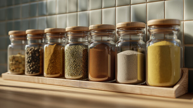 Modern spice rack with cumin seed and powder jars neatly arranged in a clean minimal kitchen interior