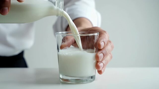 Person pouring fresh milk from a glass pitcher into a clear glass on a white table