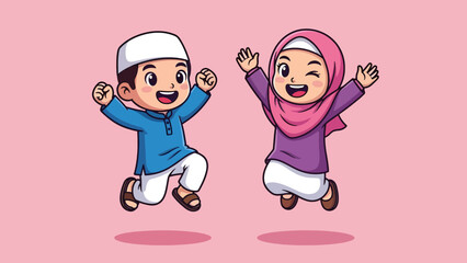Happy cartoon Muslim children jumping together joyfully.