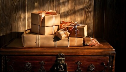 A collection of beautifully wrapped presents arranged on a vintage wooden chest, eagerly awaiting a special occasion, with warm light highlighting the anticipation and festive spirit