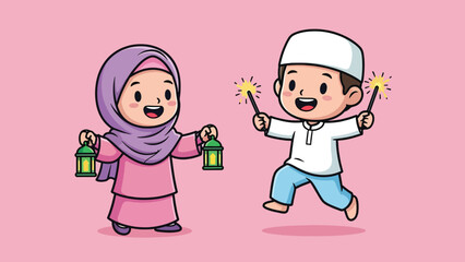 Happy Cartoon Muslim Kids Celebrating Eid with Lanterns and Sparklers.