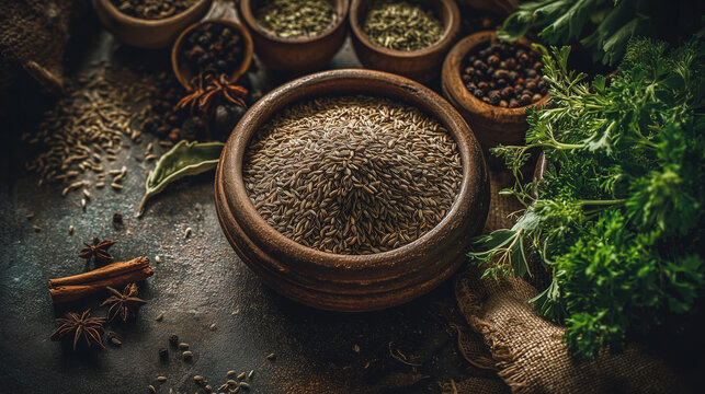 Rustic wooden bowl with whole cumin seeds on textured kitchen surface with herbs spices warm natural light realistic