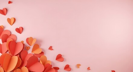 Paper hearts in various shades of red and orange creating a decorative border on a soft pink background, symbolizing love and affection.
