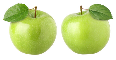 green apple (granny smith apple) with leaves isolated, transparent PNG, PNG format, Collection, Set