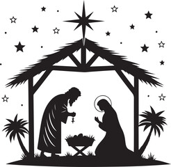 Abstract black silhouette nativity icon featuring baby Jesus symbolic Christian Christmas artwork isolated on white background simple shapes