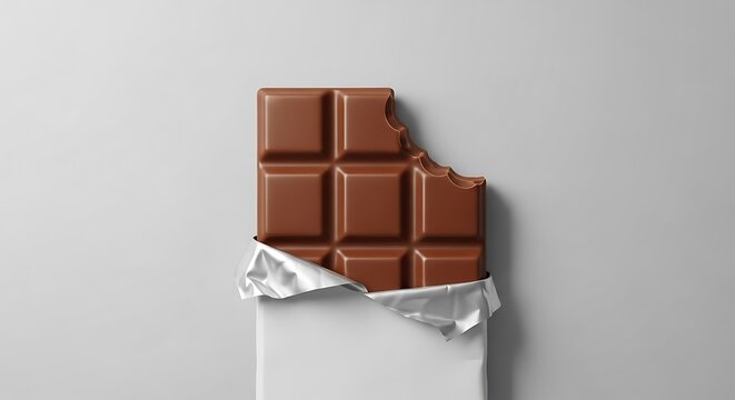 A delicious milk chocolate bar with a bite taken out, isolated on a white background