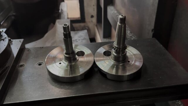 Two freshly machined metal crankshaft components, showcasing precision engineering, are on display in a workshop environment. Motorcycle Machine Part