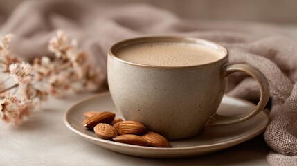 Single cup of almond chai on warm taupe backdrop, soft holiday neutrality