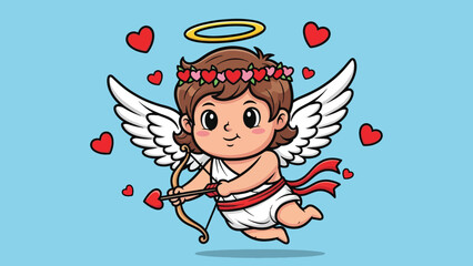 Sweet cartoon Cupid angel with wings halo bow and heart arrow surrounded by red hearts.