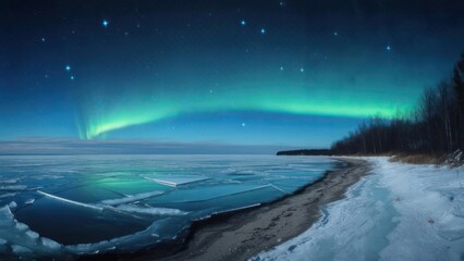 Spectacular Northern Lights dancing over a frozen icy lake and snowy shore.
