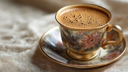 Single cup of spiced coffee on antique cream background, open spacing