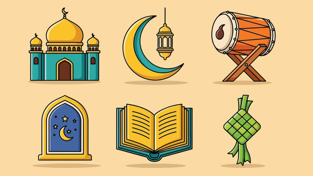 Vibrant Cartoon Islamic Symbols Collection for Ramadan and Eid.