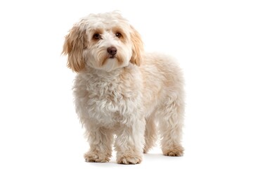 Obraz premium A Havanese dog stands attentively on a white background.