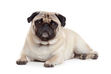 Obraz premium A cute pug dog lies down on a white background with its paws in front.