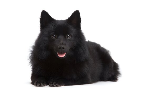 A Schipperke dog lies on a white background.