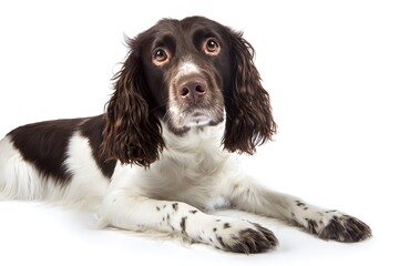 English Springer Spaniel dog lying down patiently.