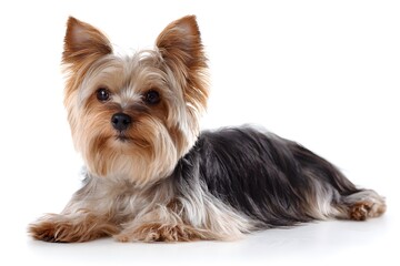 A small Yorkshire Terrier dog rests peacefully on a white background.