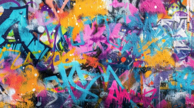 A wall is covered in colorful graffiti with different designs. Spray paint in bright colors covers the surface. The artwork has multiple layers and styles showing creativity and urban culture.
