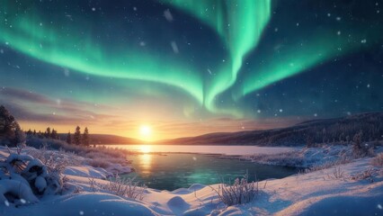 Stunning Aurora Borealis over a Frozen Lake at Sunset in a Winter Wonderland Landscape.